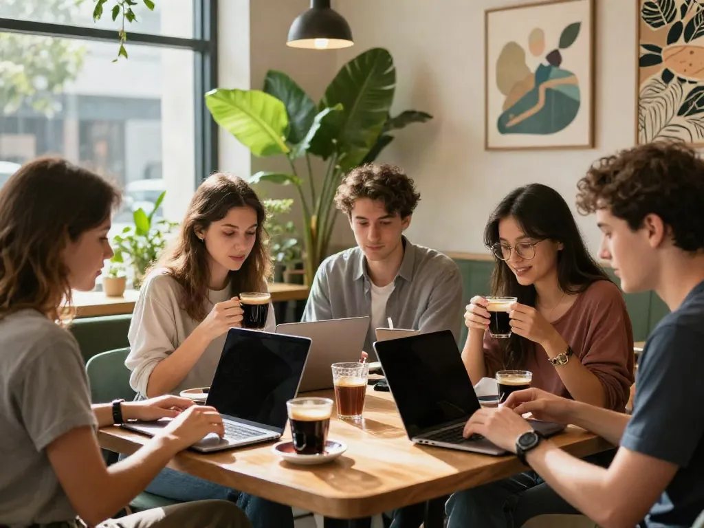Friends discussing rokok88 trends while enjoying coffee at a café