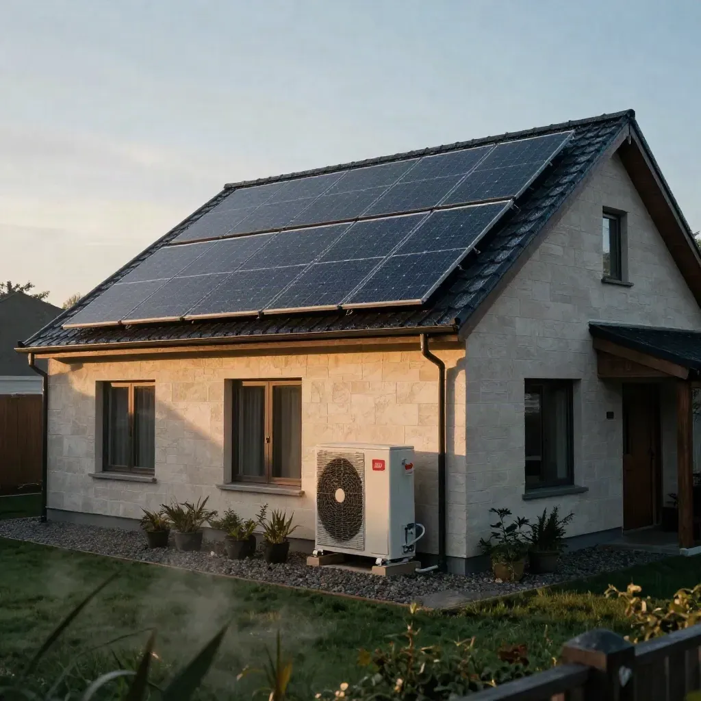 Modernes Haus mit PV-Modulen, Wärmepumpe und nassem Garten nach Regenschauer.