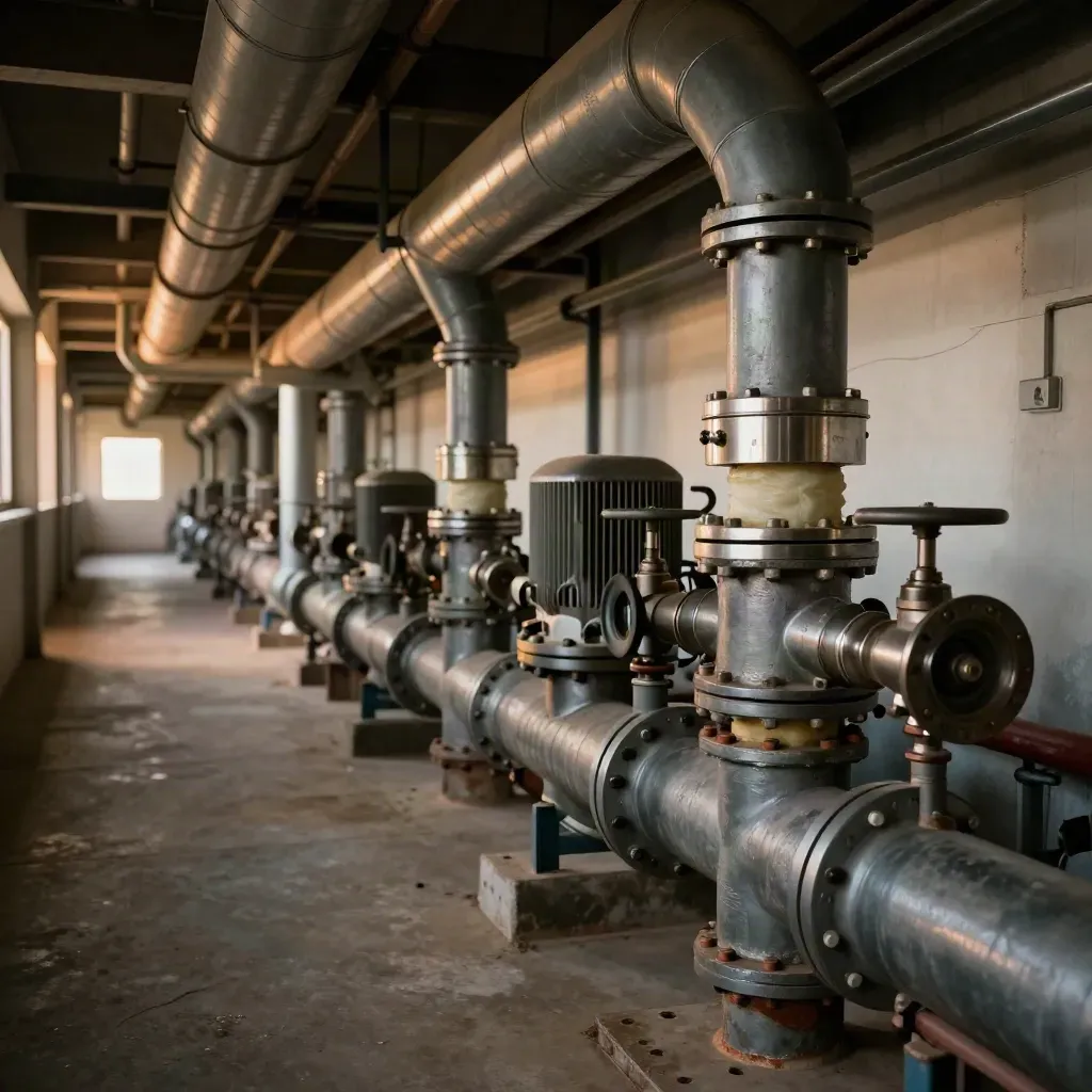 Industrie-Korridor mit Wärmerückgewinnung, Rohrleitungen und Pumpenmodul im warmen Nachmittaglicht