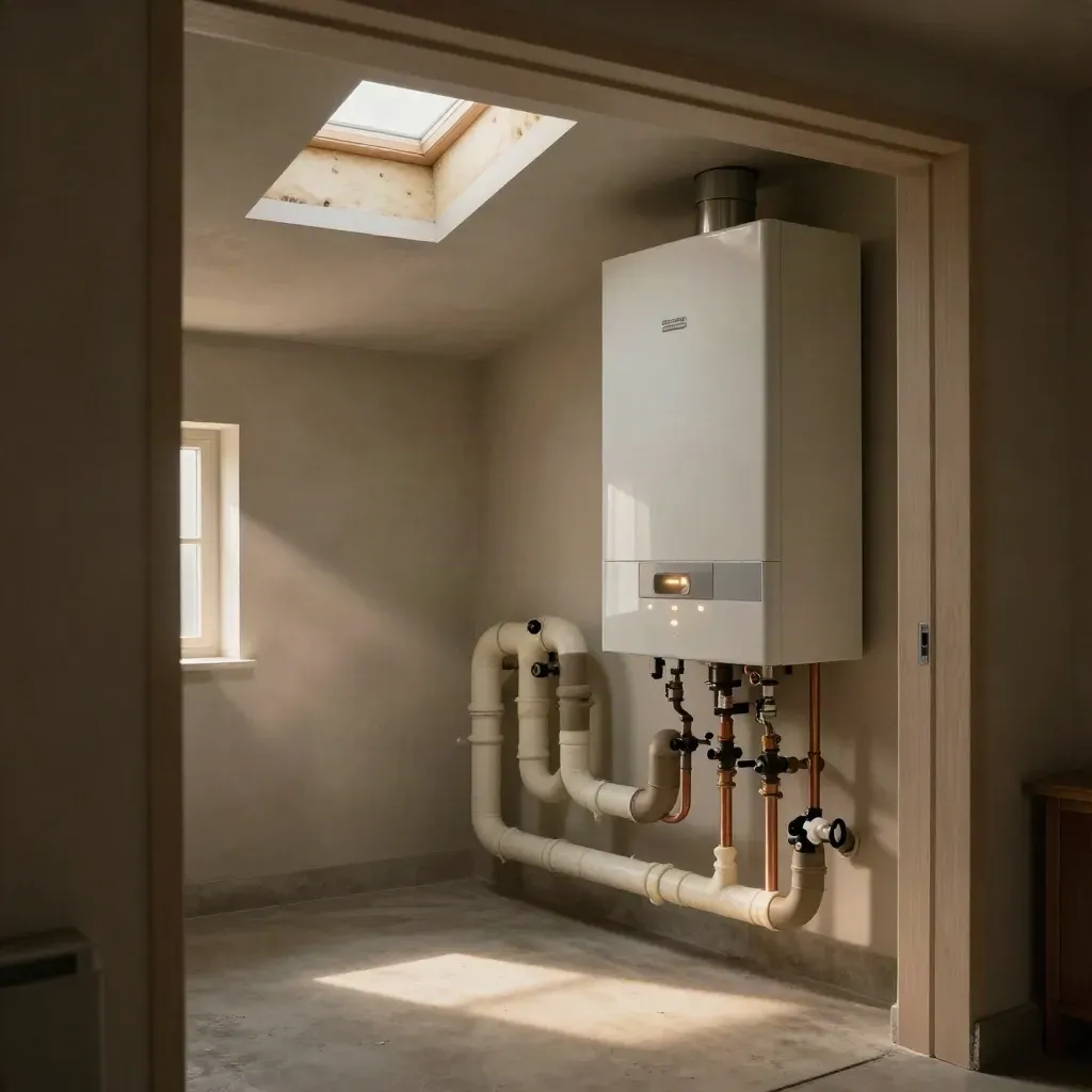 Boilerraum mit gedämmten Rohren, leuchtendem System und frisch abgedichteter Dachluke.