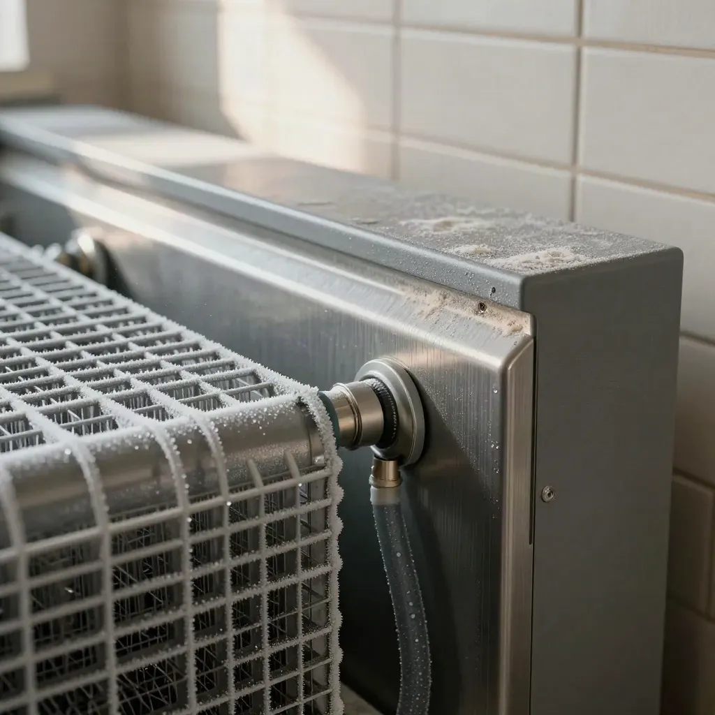 Makro der optimierten Kühltechnik im Bäckerei-Backraum mit Kondensatlinien und Anthrazit-Schrank