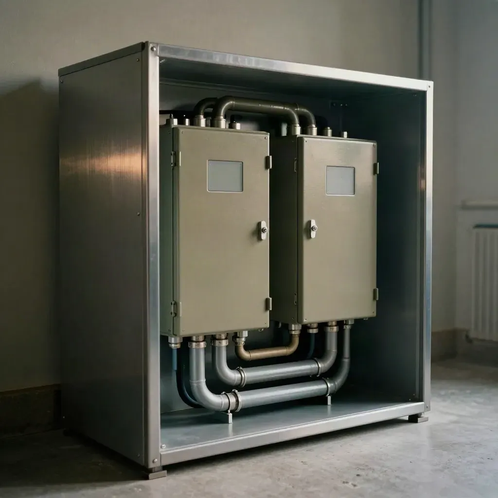 Technikschrank mit Leitungen und Modulen in dramatischem Licht, clean und modern