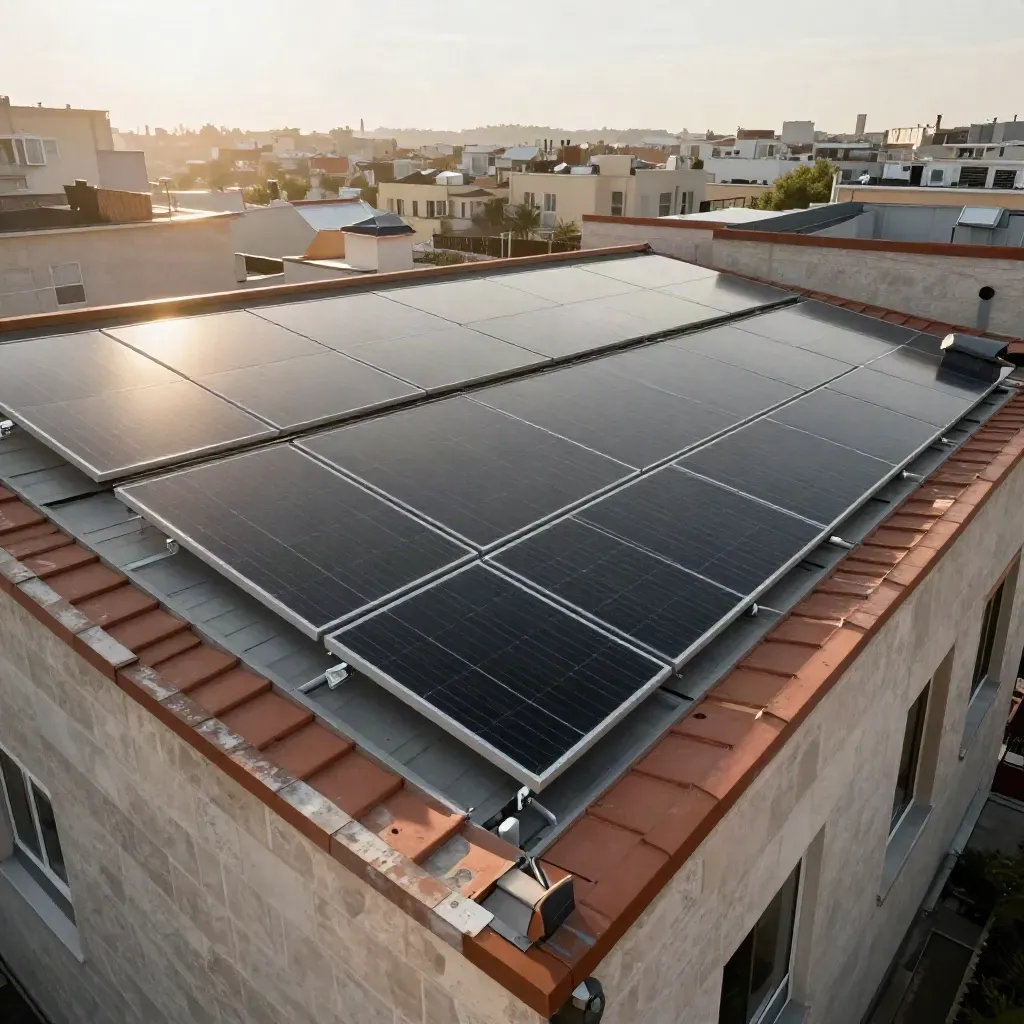 Schräger Blick auf ein Mehrfamilienhausdach mit sauber verlegter PV-Anlage im Sommerhaze.