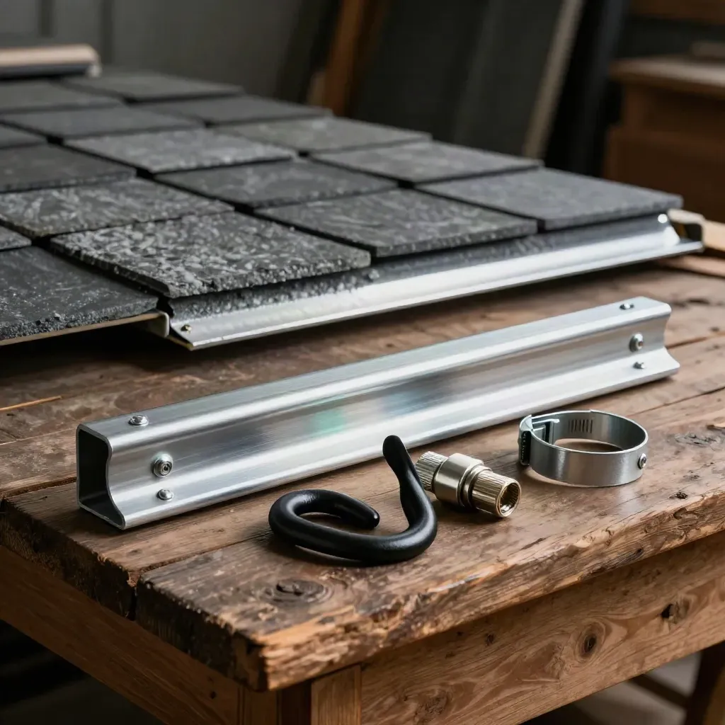 Solarmontageset mit Schiene, Dachhaken und Steckern auf verwittertem Holz im dramatischen Licht