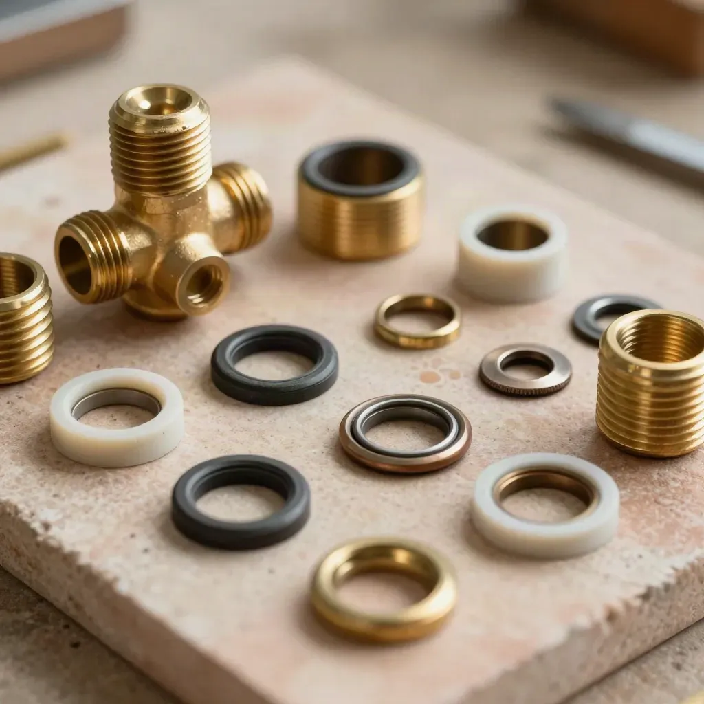Brassfittings und Dichtungsringe auf hellem Werkstein in extremer Makroansicht.