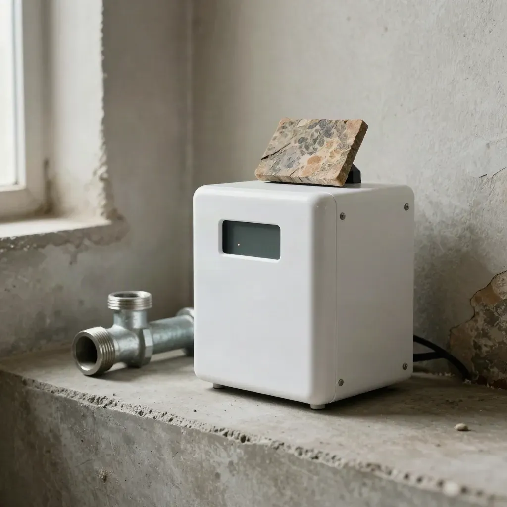 Smart-Meter, Rohrstück, Dachziegelprobe und Datenlogger auf Beton im Kellerlicht.