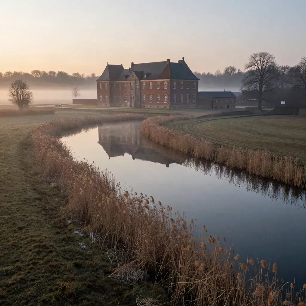 Morgennebel über Wasserschloss, Wassergraben und Feldern im Münsterland, ruhige Copy-Fläche.