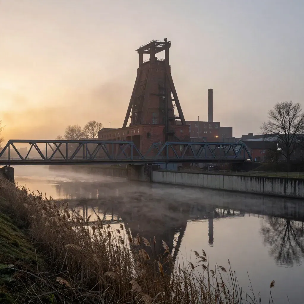 Ruhrgebiet im Morgendunst mit Backsteinindustrie, Stahlbrücke und Kanal