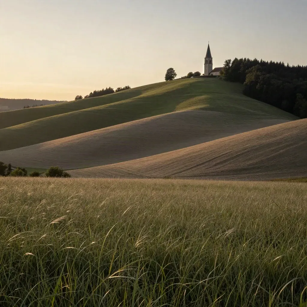 Hügel bei Osnabrück mit Kirchturm im goldenen Abendlicht und weitem, ruhigem Feld.