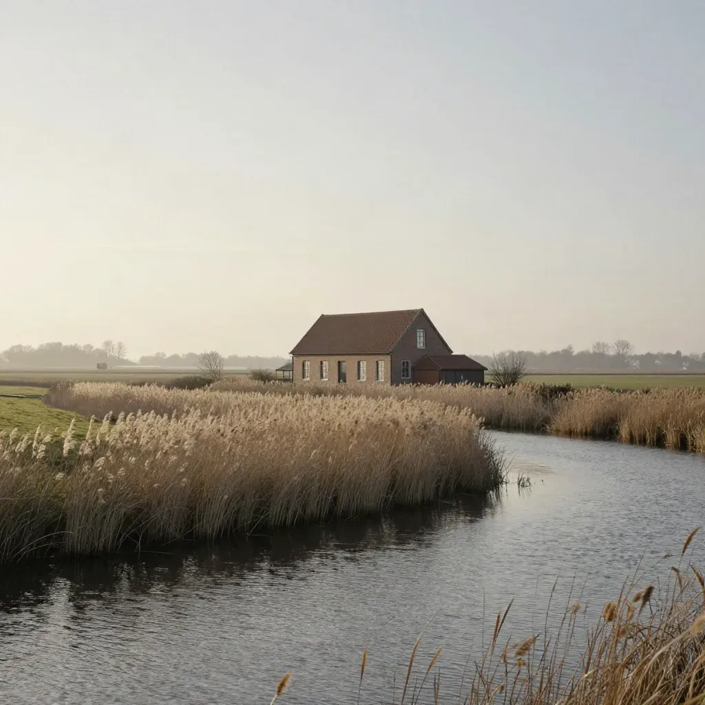 Weite Kanallandschaft bei Papenburg mit Schilf, Wasser und einem kleinen Backsteinbauernhof im Abendlicht.